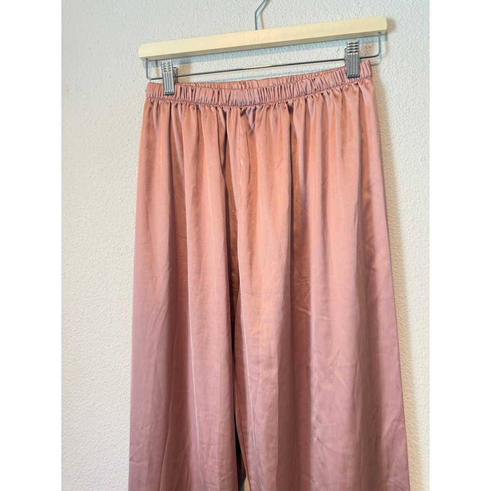 Dusty Rose Satin Wide Leg Lounge Pants Ruffle Pleated Hem Pink Women L - Picture 4 of 5